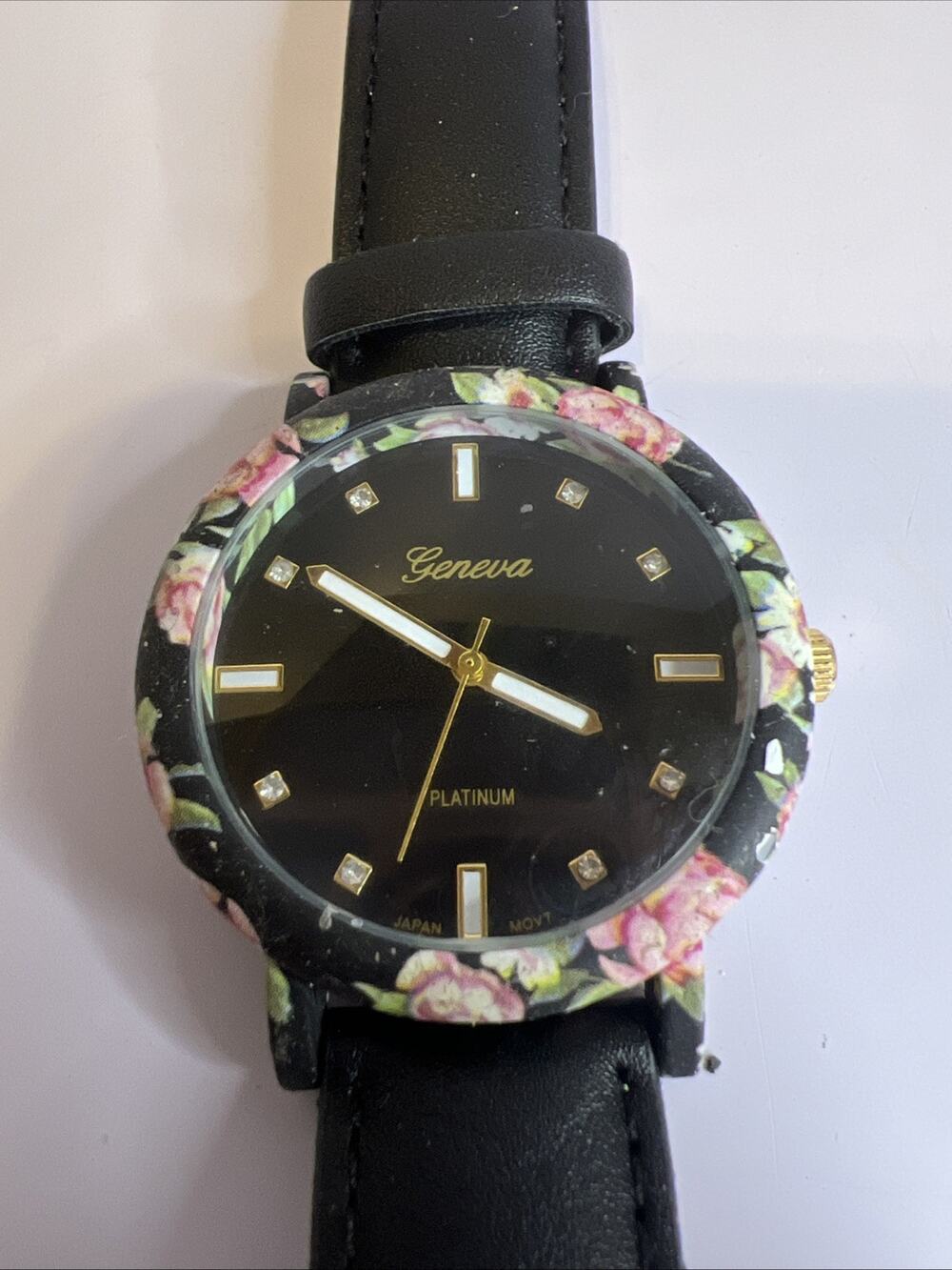 GENEVA Platinum Floral Watch Black Leather Type Band SS Back new battery